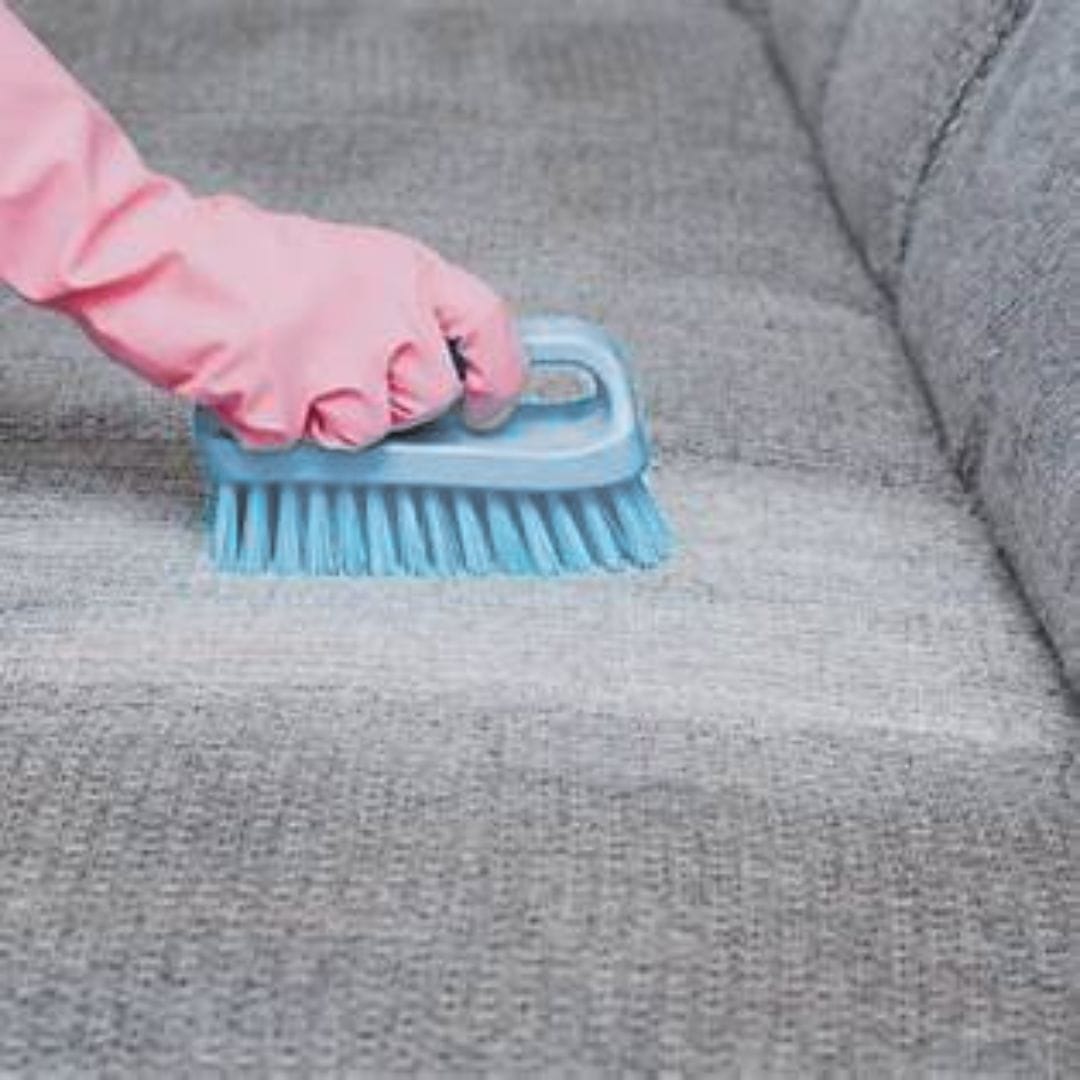 Demonstrating how to clean fabric sofa with vinegar for stain removal and odor control